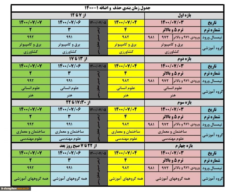 جدول زمان بندی حذف و اضافه نیمسال اول سال تحصیلی 1401-1400 2